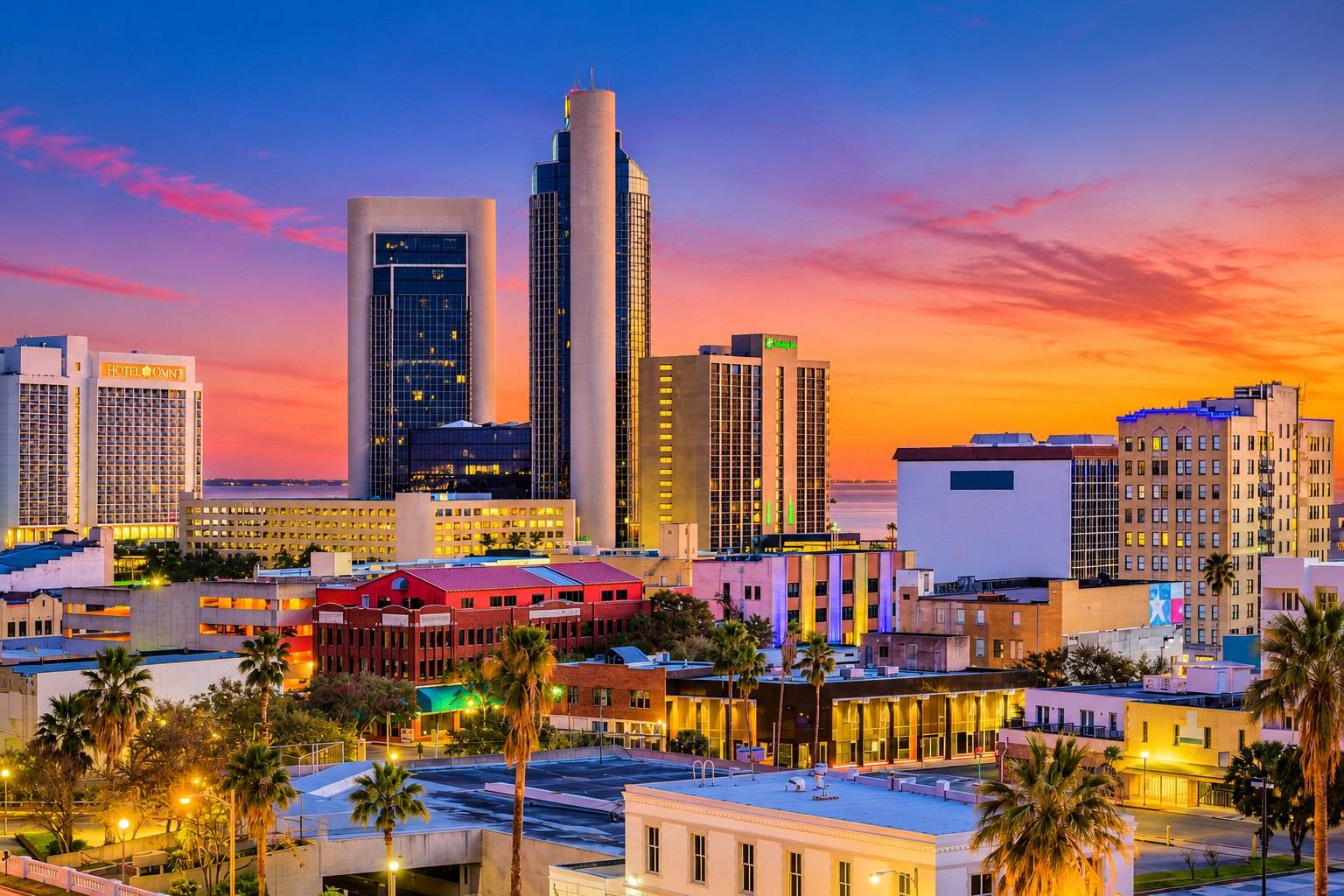 Downtown Corpus Christi skyline at sunset